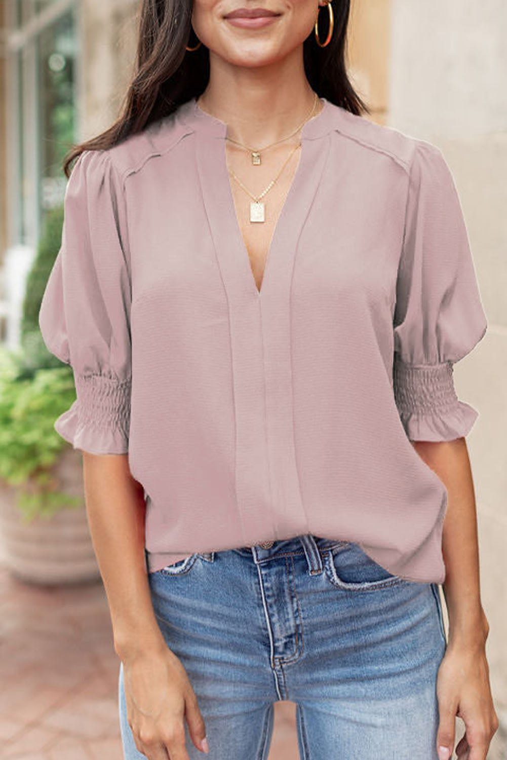 Apricot Solid Puffed Sleeve Shirred V Neck Blouse