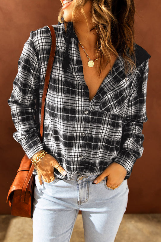Black Plaid Drawstring Hooded Shacket