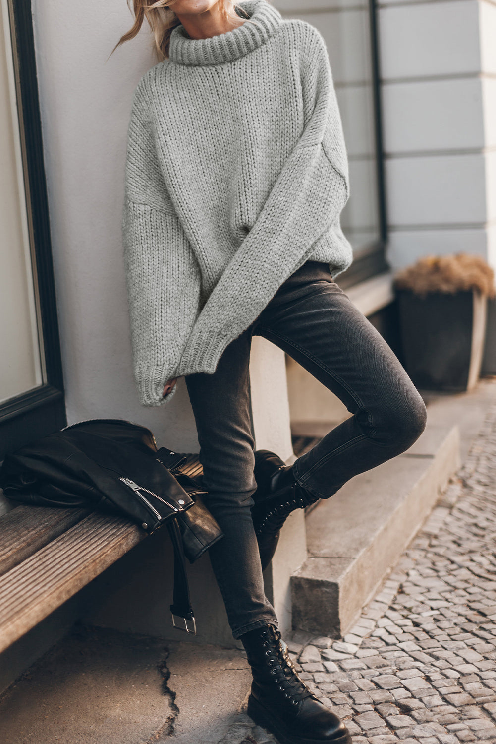 Rose Red Chunky Knit Turtle Neck Drop Shoulder Sweater
