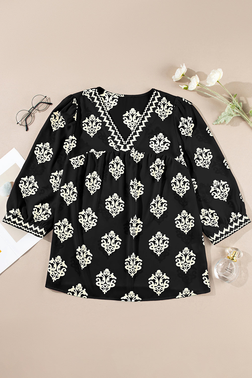 Green Damask Floral Print Contrast V Neck 3/4 Sleeve Blouse - Kustom Kreations Goods