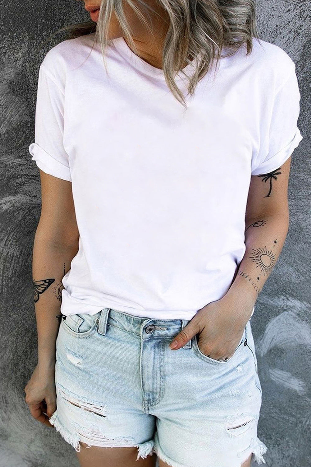 Green Plain Solid Color Crew Neck Tee