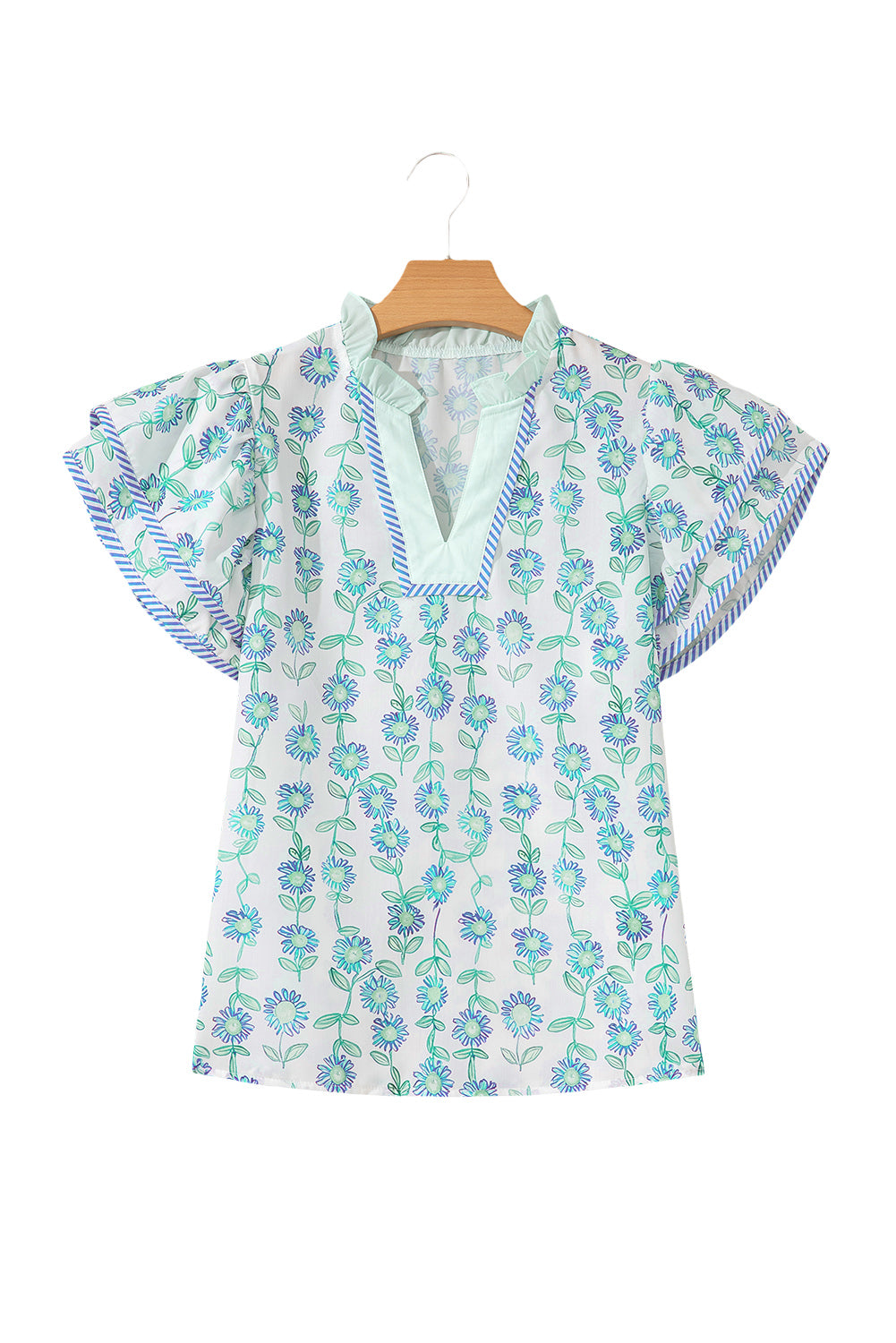 Green Floral Print Striped Trim Contrast V Neck Patchwork Boho Blouse - Kustom Kreations Goods