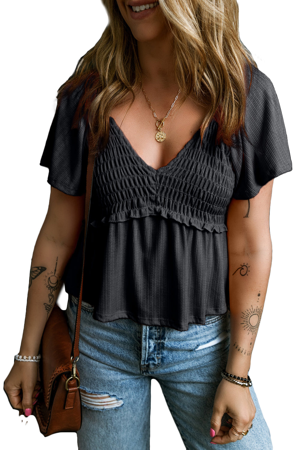 Oatmeal Shirred V Neck Short Flutter Sleeve Textured Blouse