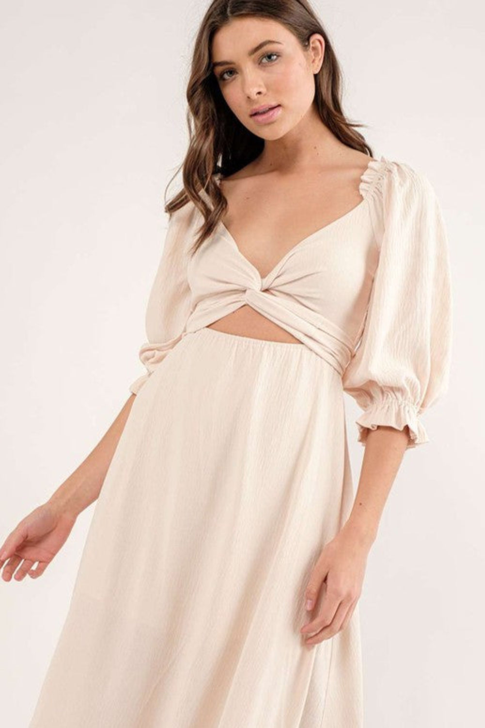 Beige Plain Puff Sleeve Cross Tie Cut Out Maxi Dress