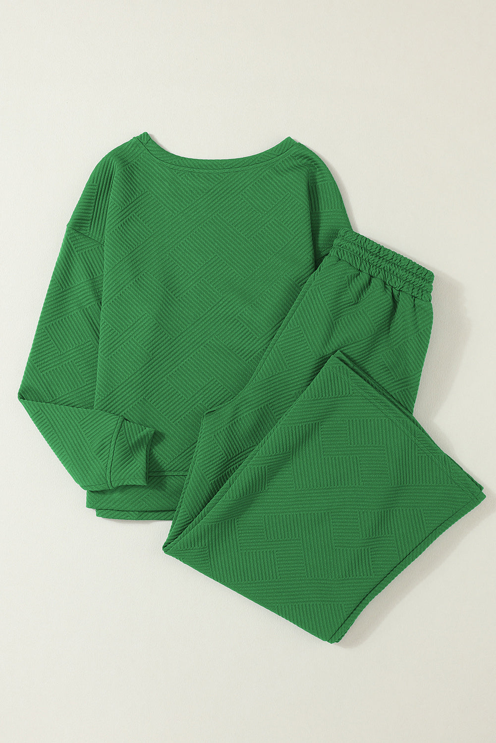 Dark Green Textured Loose Slouchy Long Sleeve Top and Pants Set