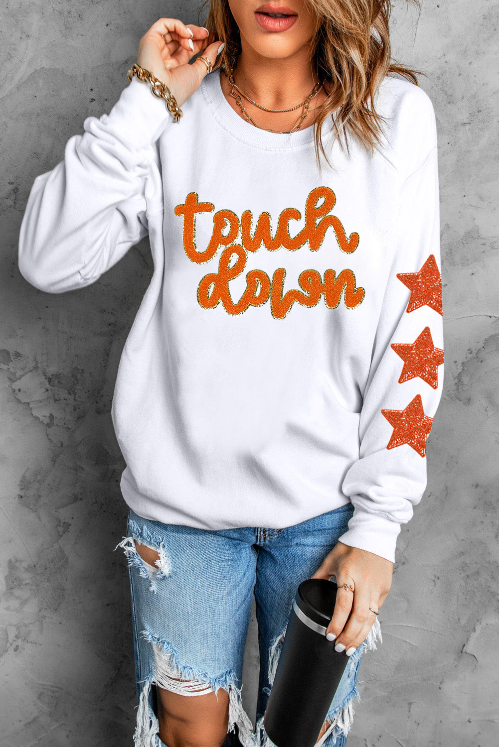 Beige Glittering Touch Down Patched Pattern Star Sleeve Sweatshirt - Kustom Kreations Goods