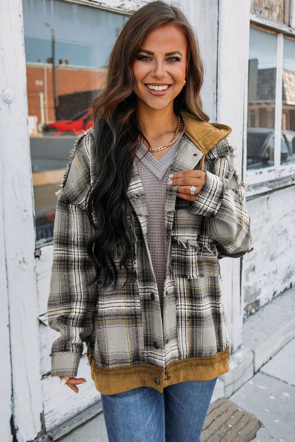 Grey Plaid Patchwork Frayed Trim Snap Button Hooded Jacket