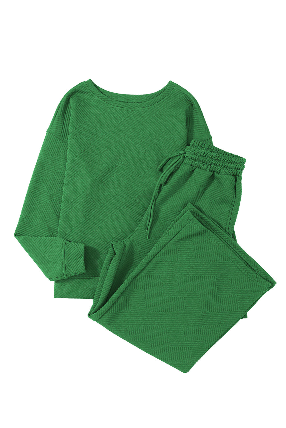 Dark Green Textured Loose Slouchy Long Sleeve Top and Pants Set
