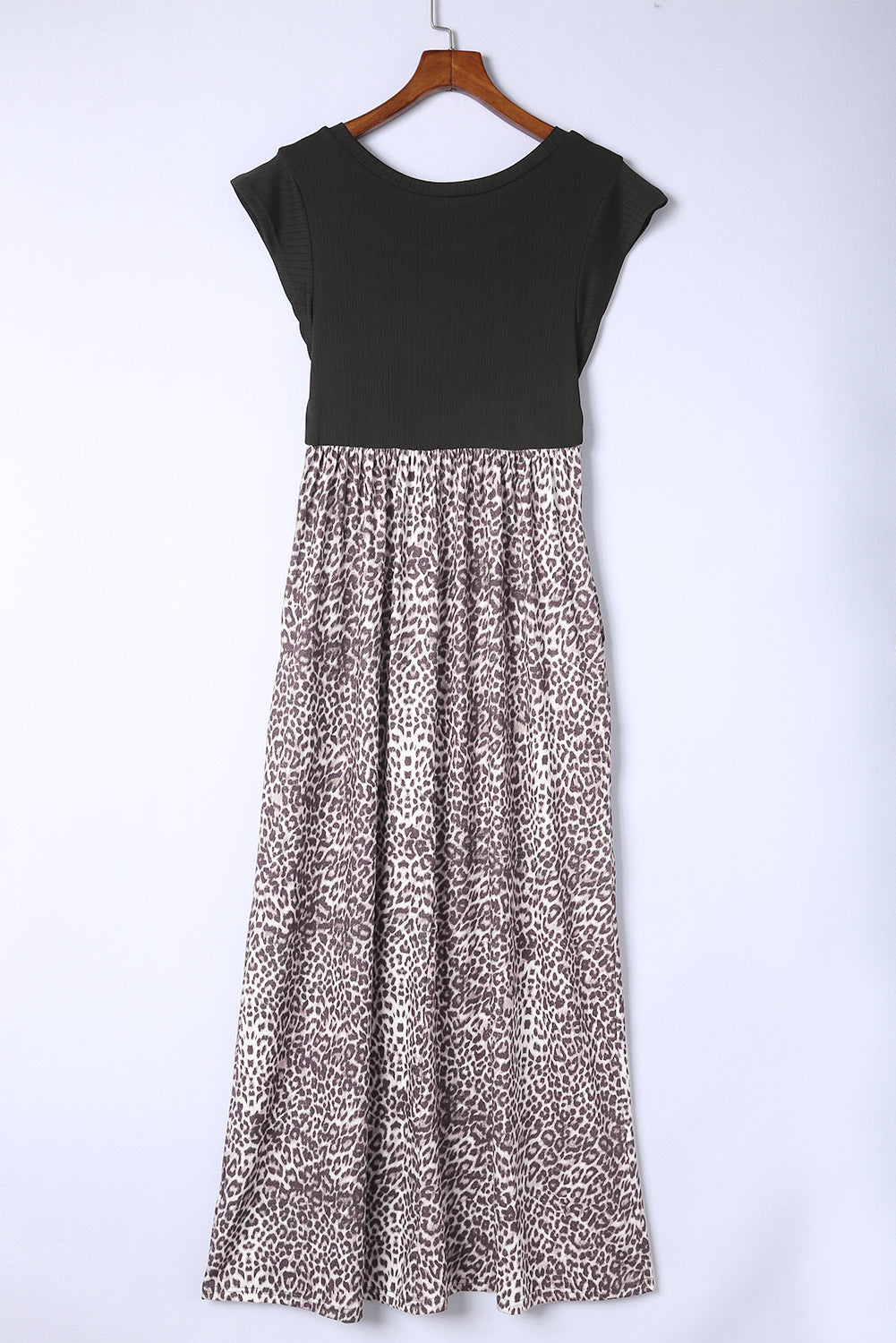 Black Leopard Print Casual Cap Sleeve Pocket Dress