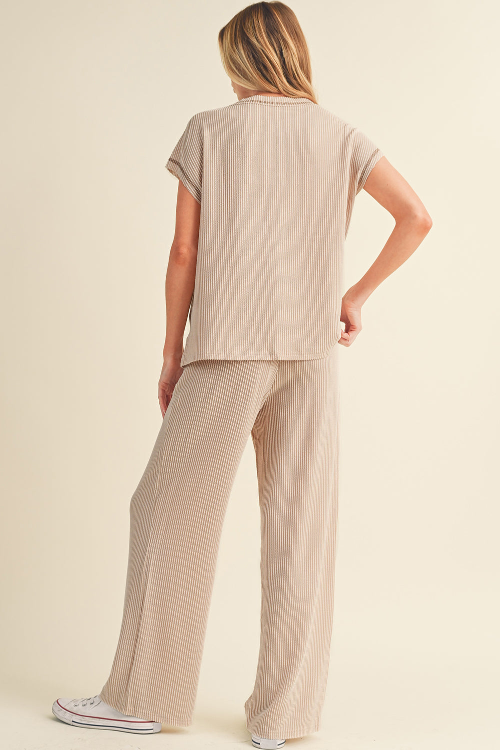 Parchment Exposed Seam Corded T shirt and Wide Leg Pants Set