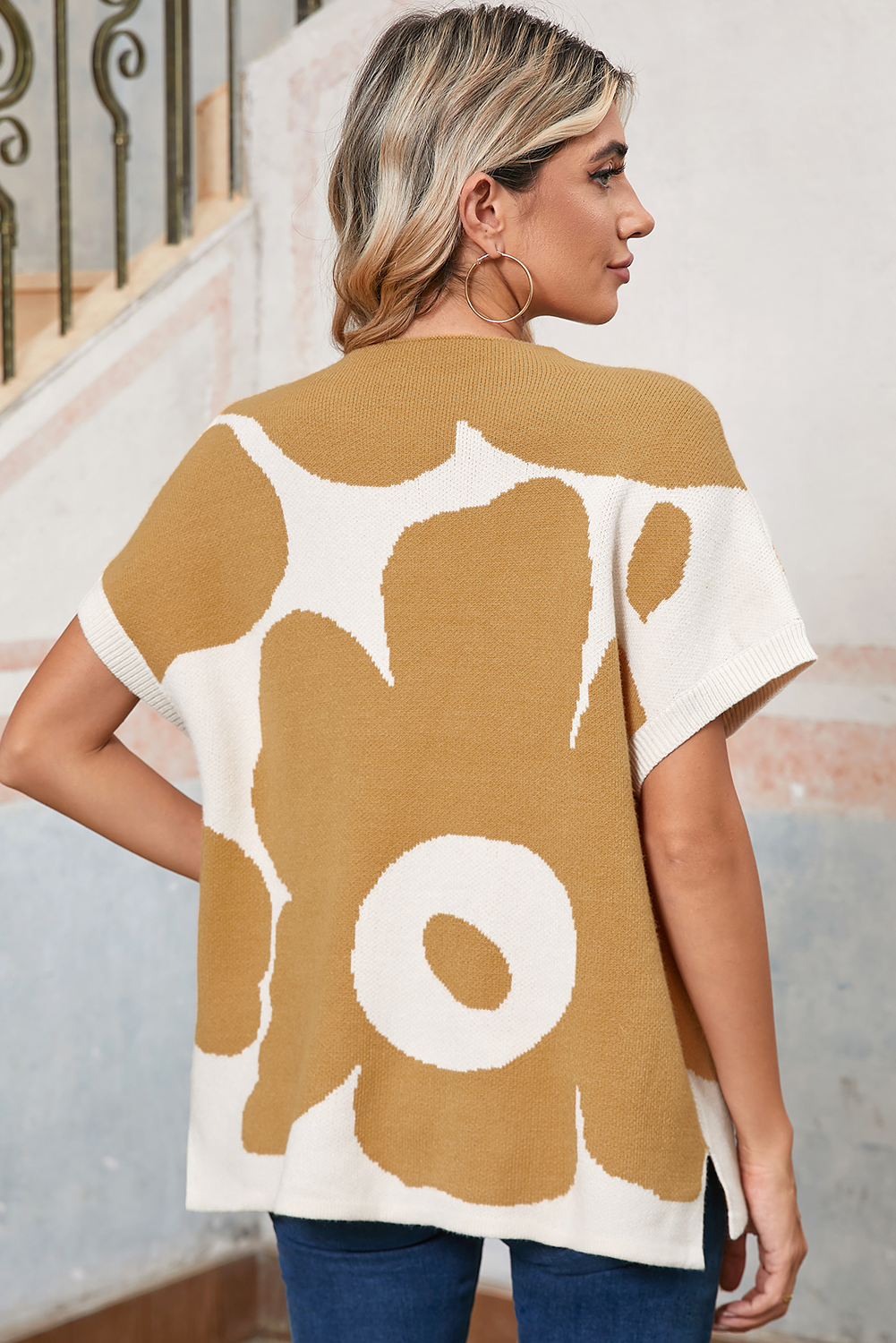 Camel Flower Print Mock Neck Knit Top