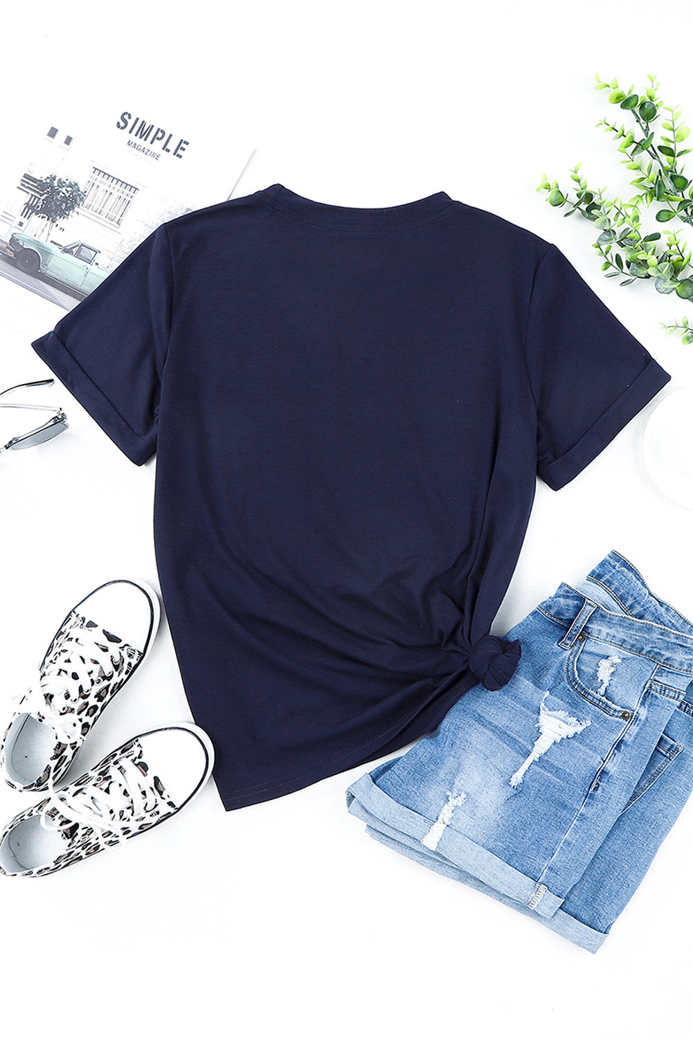 Green Plain Solid Color Crew Neck Tee