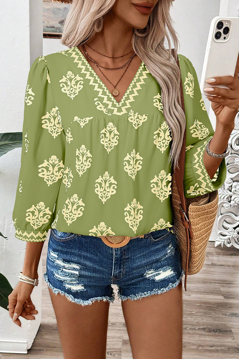 Green Damask Floral Print Contrast V Neck 3/4 Sleeve Blouse - Kustom Kreations Goods