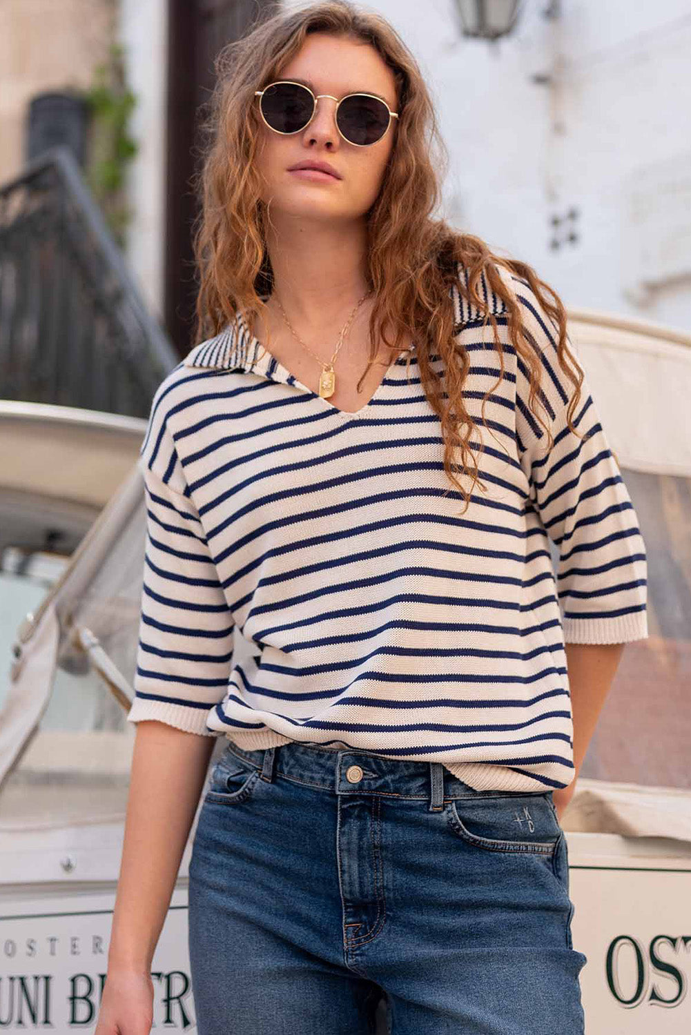 Blue Striped V Neck Half Sleeve Knit Top
