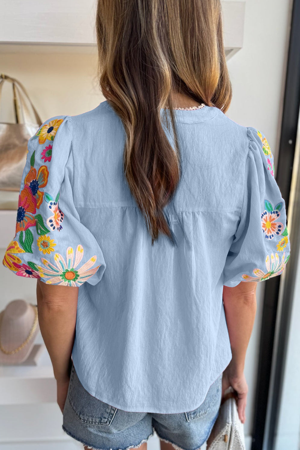Beau Blue Floral Embroidered Puff Sleeve Split Neck Blouse - Kustom Kreations Goods