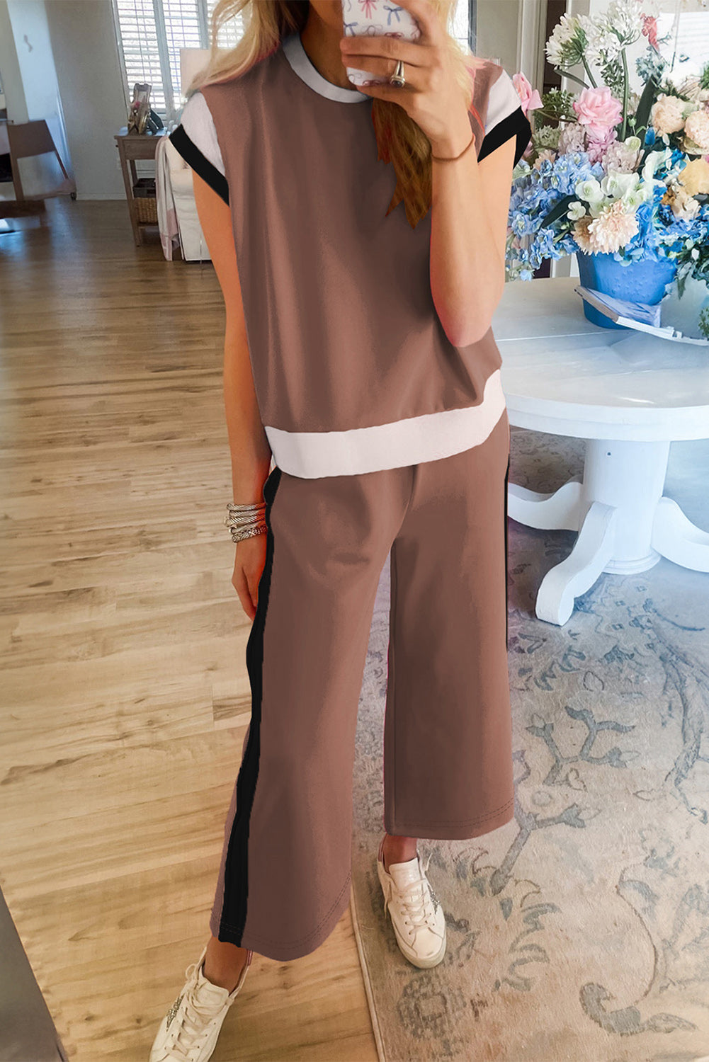 Chestnut Colorblock Cap Sleeve Tee and Wide Leg Pants Set