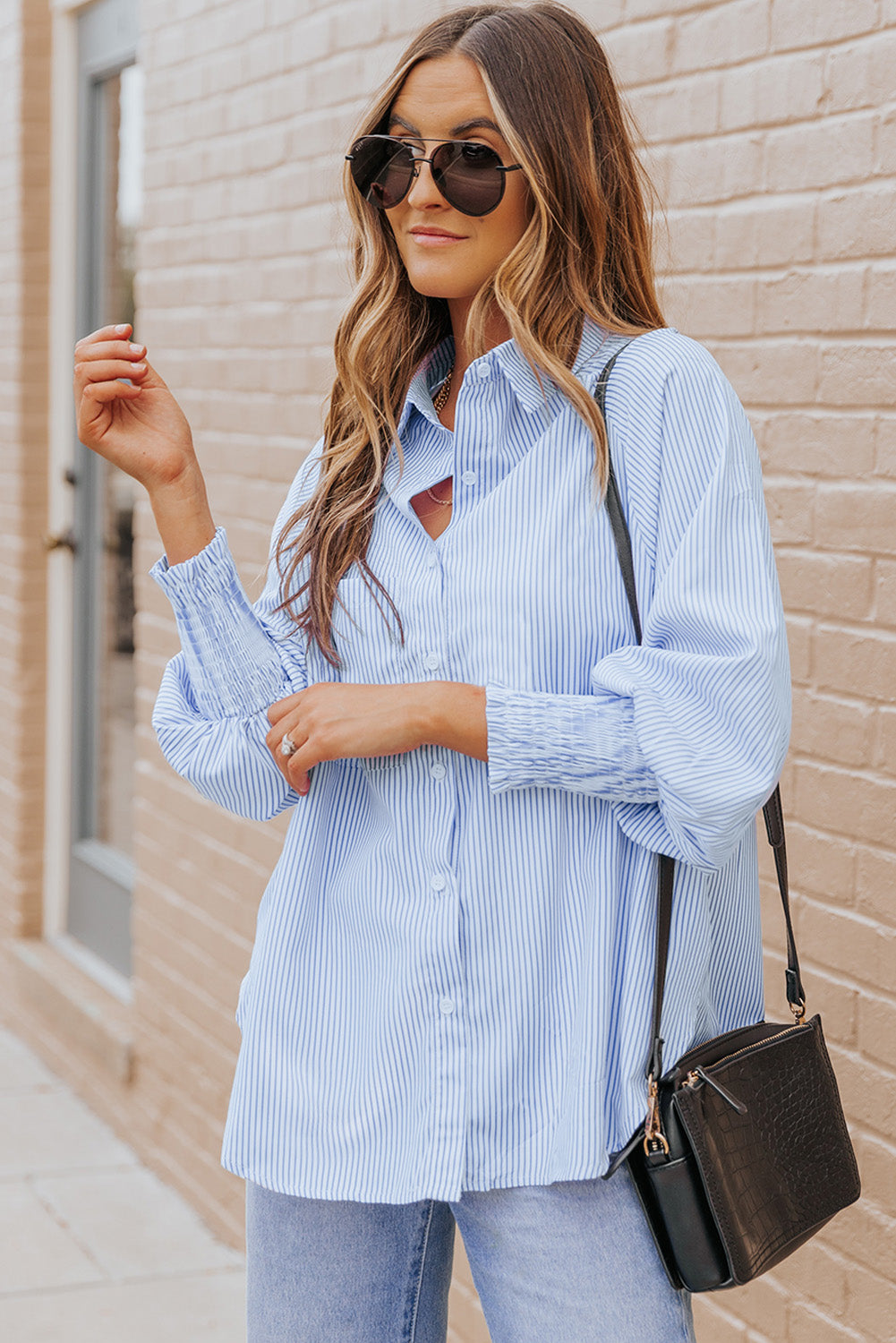 Black Striped Casual Shirred Cuffs Shirt - Kustom Kreations Goods