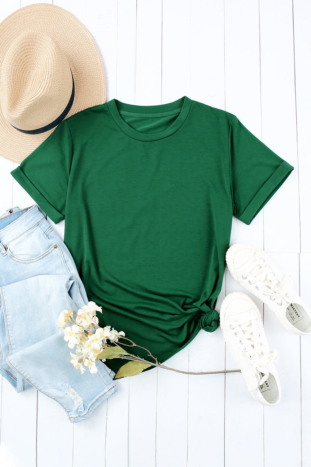 Green Plain Solid Color Crew Neck Tee