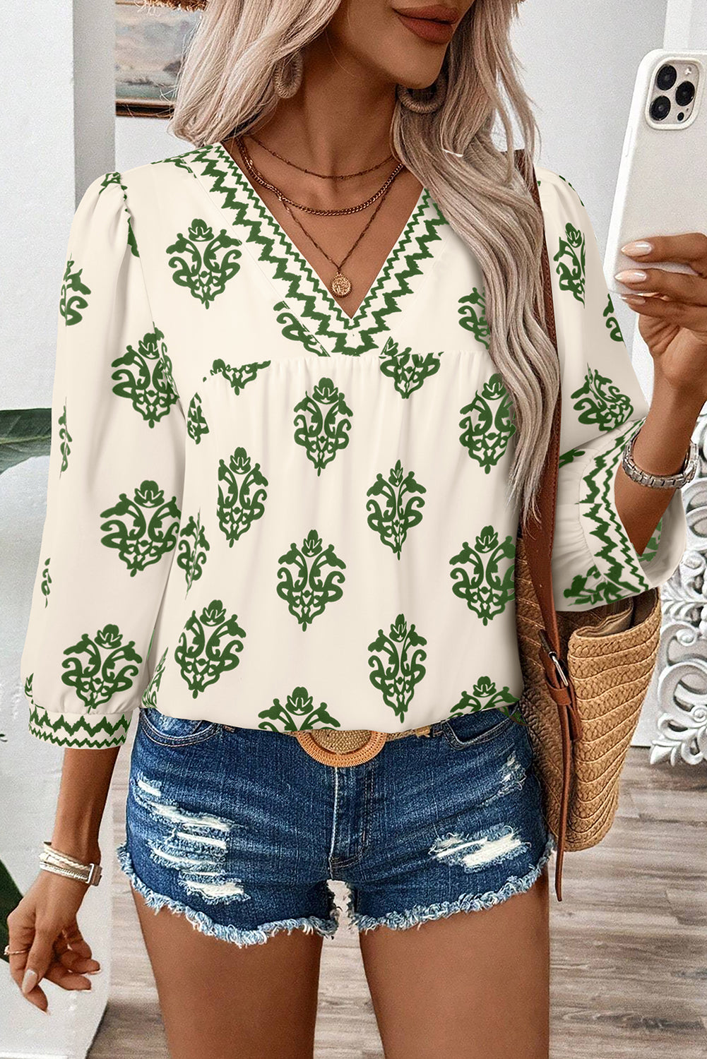 Green Damask Floral Print Contrast V Neck 3/4 Sleeve Blouse - Kustom Kreations Goods