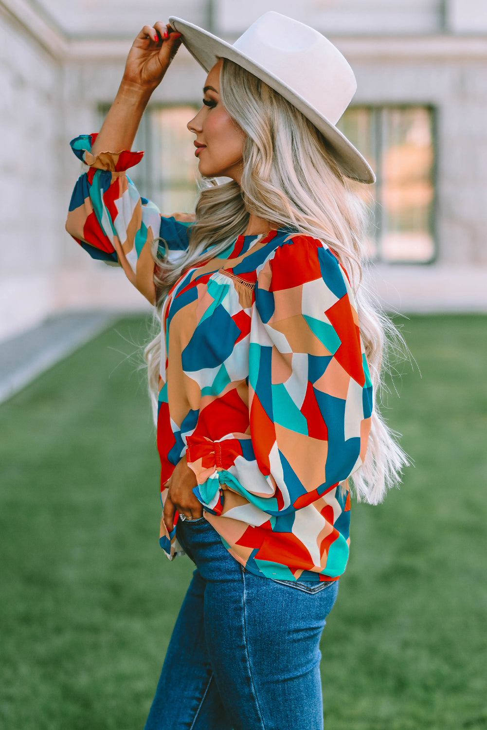 Multicolor Colorblock Casual Ruffle Puff Sleeve Blouse