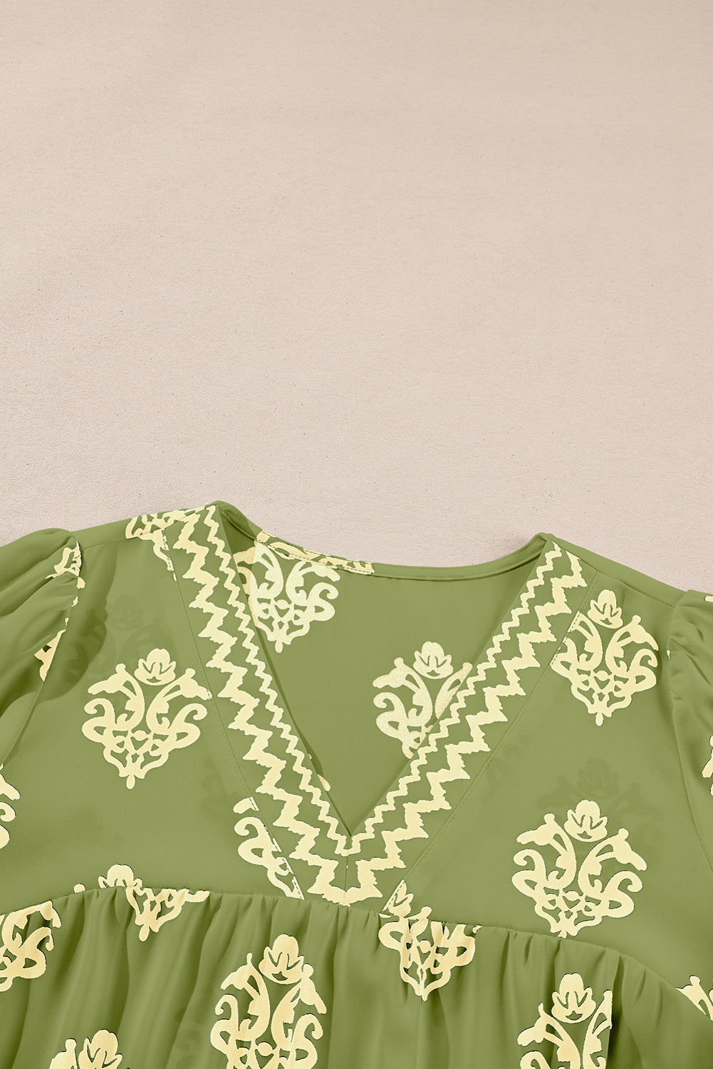Green Damask Floral Print Contrast V Neck 3/4 Sleeve Blouse - Kustom Kreations Goods