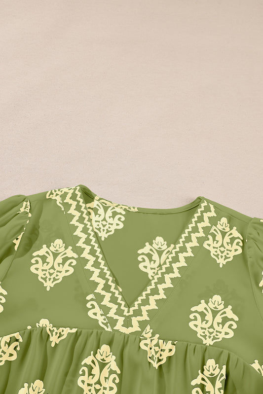 Green Damask Floral Print Contrast V Neck 3/4 Sleeve Blouse - Kustom Kreations Goods