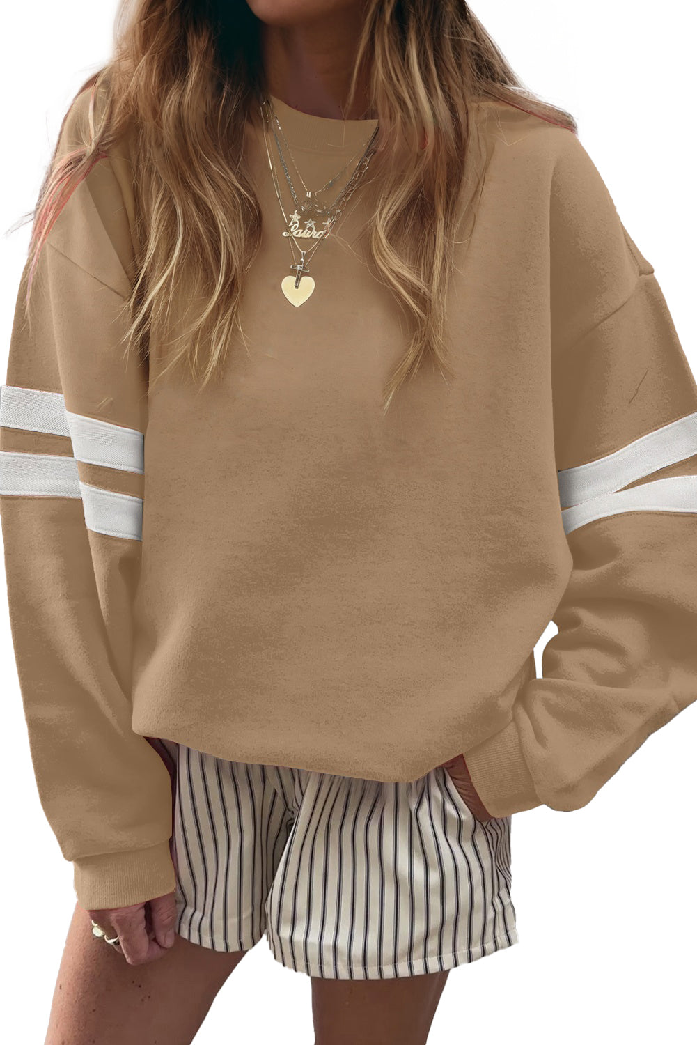 Fiery Red Preppy Striped Sleeve Loose Sweatshirt