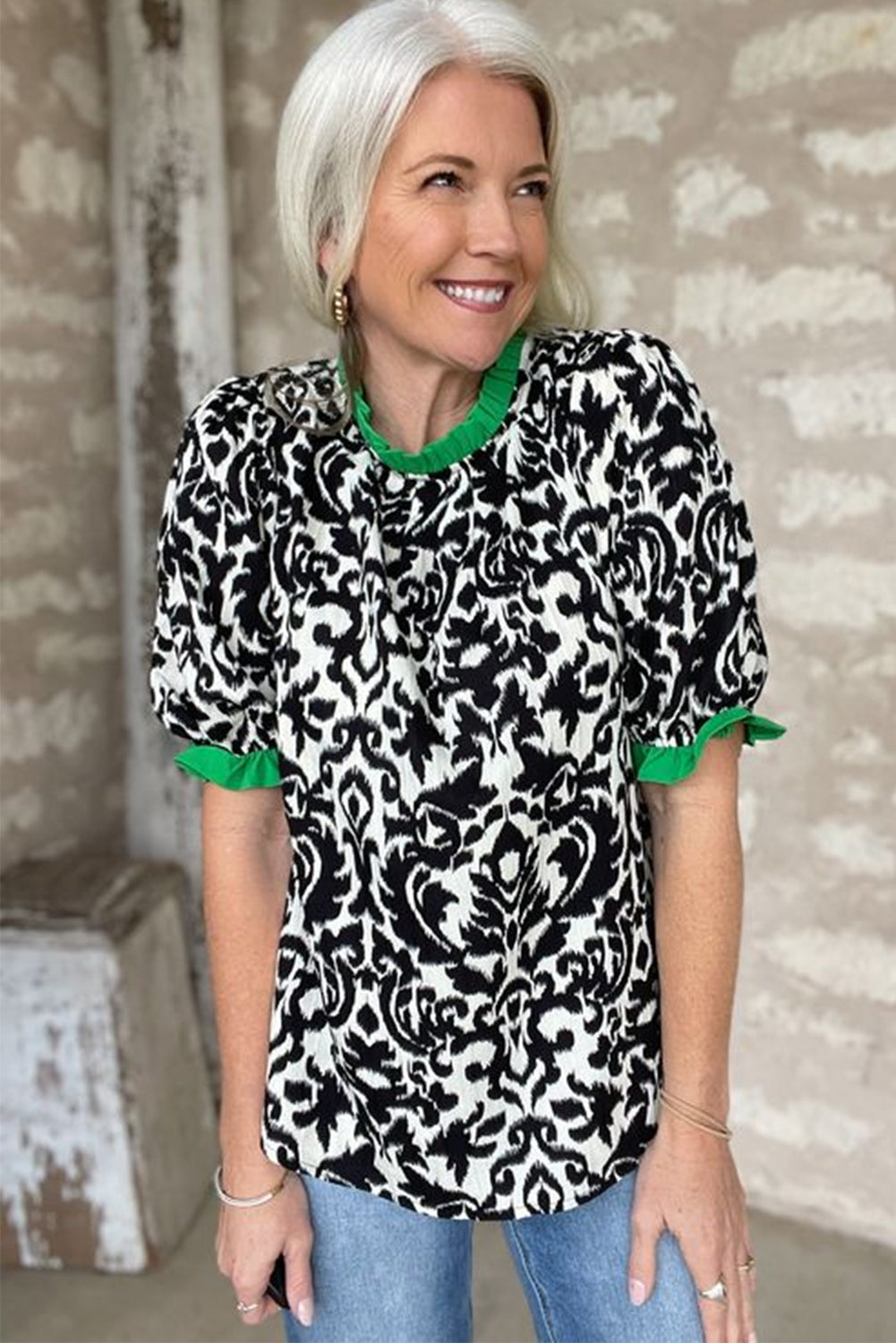 Black Abstract Frill Sleeve Stand Neck Blouse