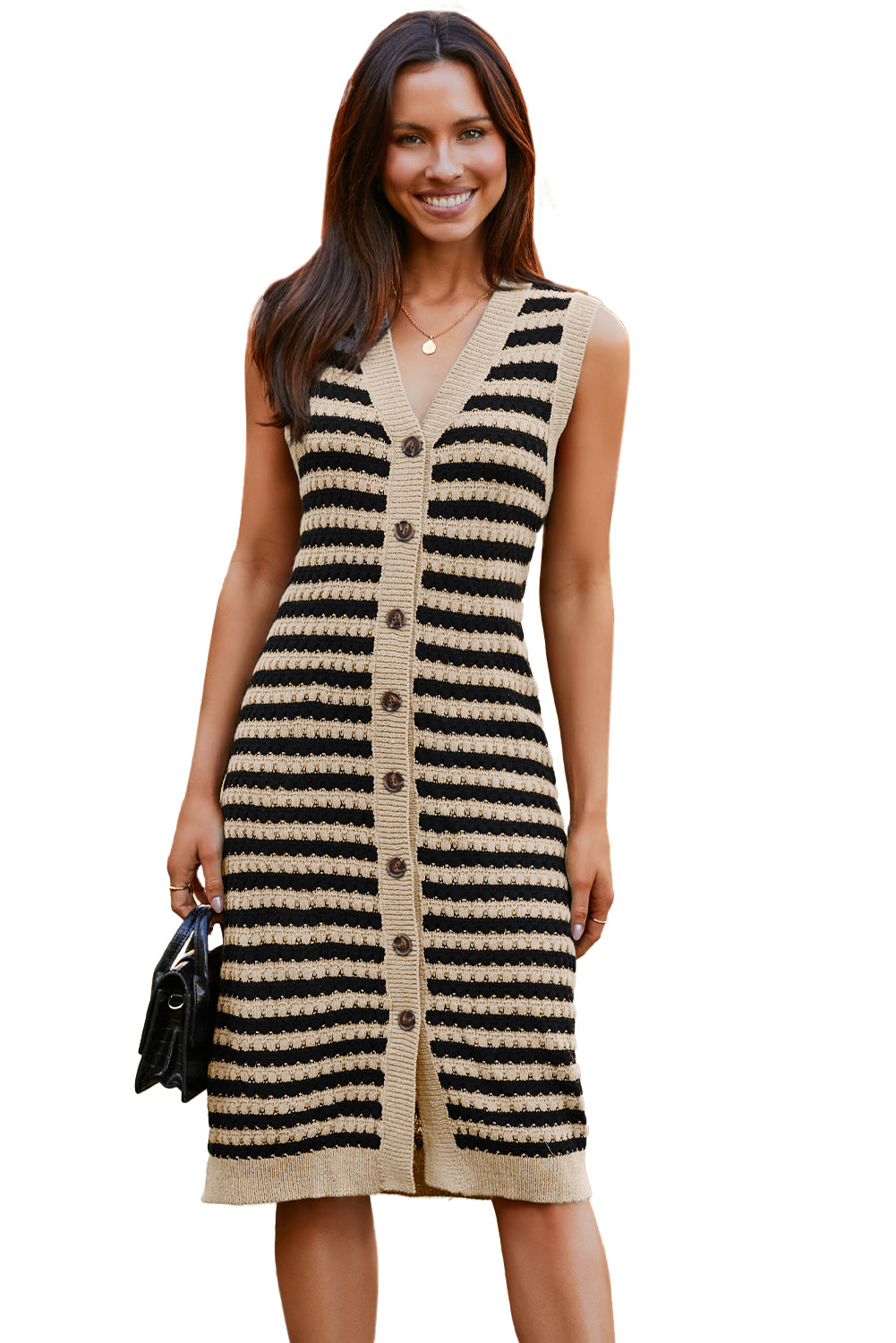 Parchment Buttoned Front Pencil Midi Sleeveless Sweater Dress - Kustom Kreations Goods