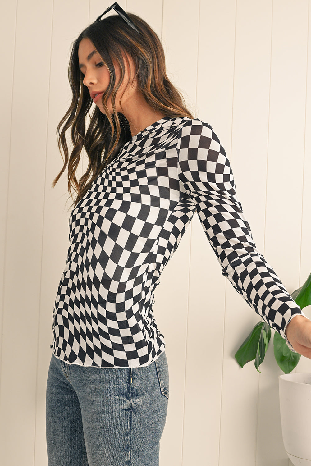 Black Checkered Pattern Mesh Long Sleeve Top - Kustom Kreations Goods