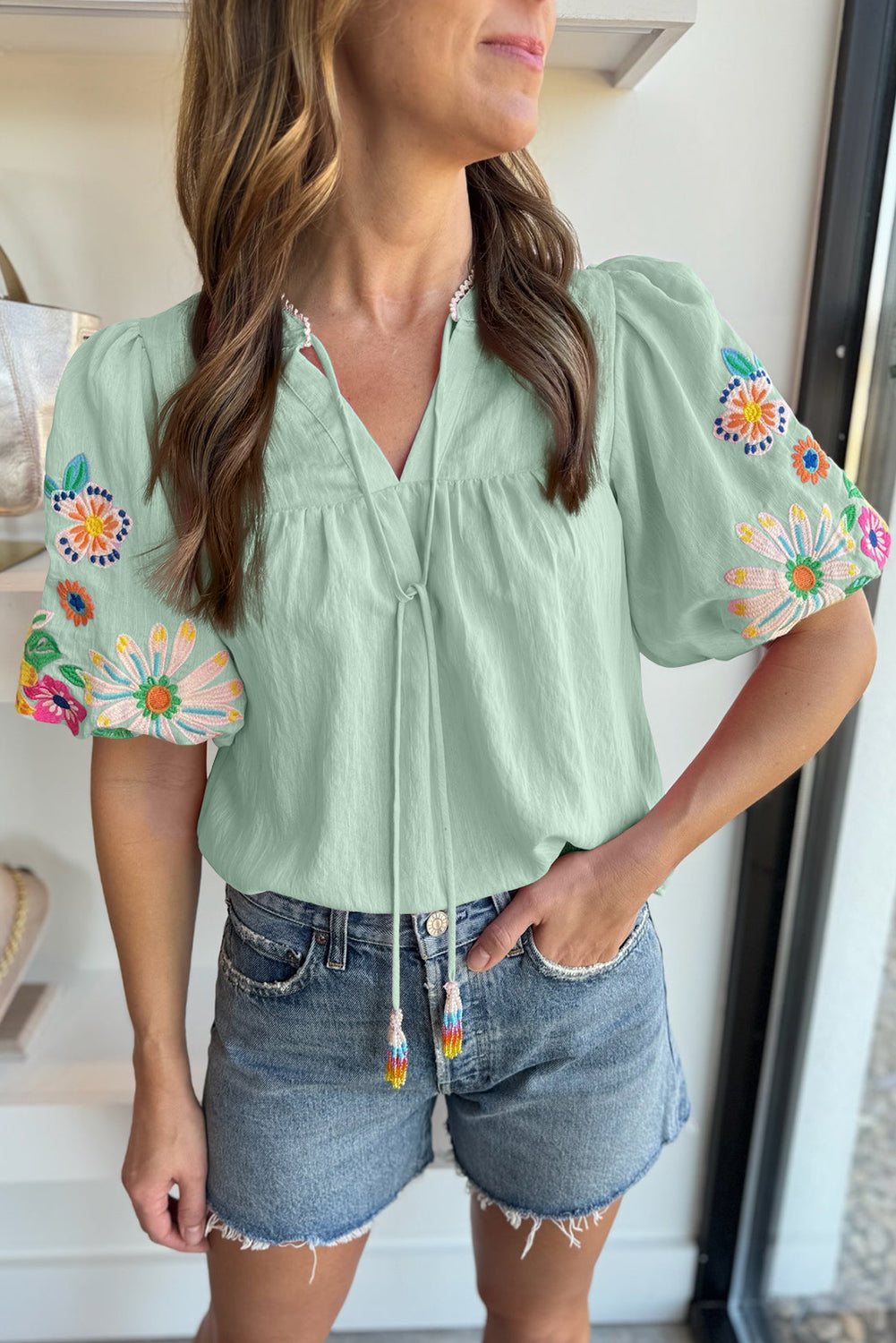 Beau Blue Floral Embroidered Puff Sleeve Split Neck Blouse - Kustom Kreations Goods