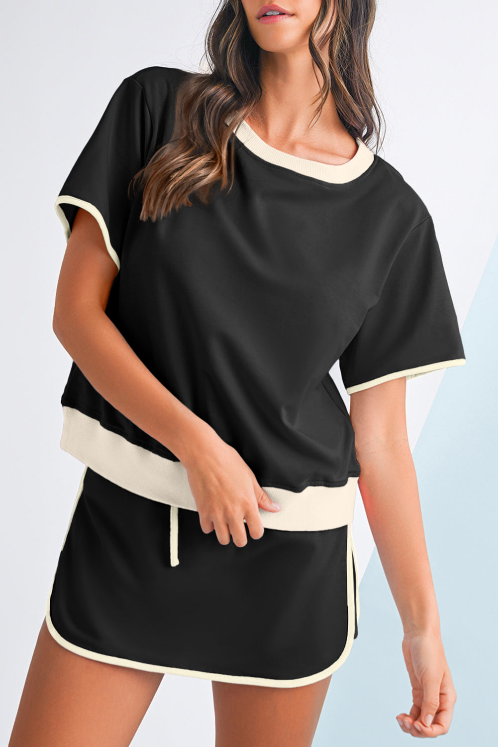 Evergreen Colorblock Edge Drop Shoulder T Shirt and Skort 2Pcs Set - Kustom Kreations Goods