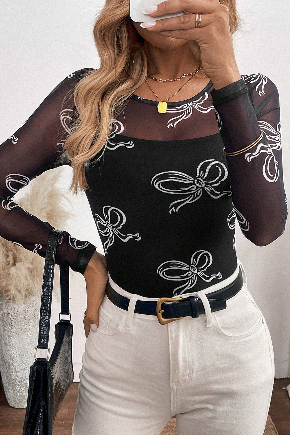 Black Bow Print Long Sleeve Mesh Top - Kustom Kreations Goods