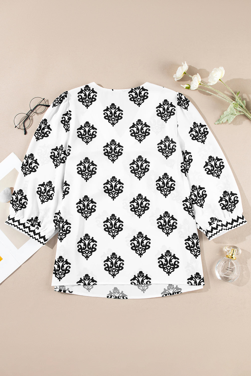 Green Damask Floral Print Contrast V Neck 3/4 Sleeve Blouse - Kustom Kreations Goods