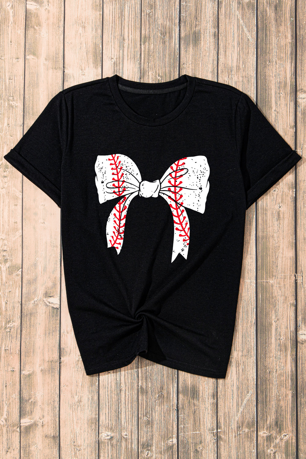 Black Baseball Bowknot Graphic Roll Up Sleeve Tee - Kustom Kreations Goods