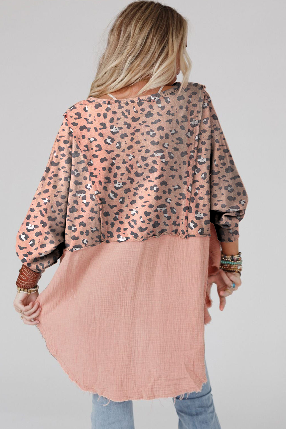 Pink Leopard Patchwork Raw Edge Oversized Top