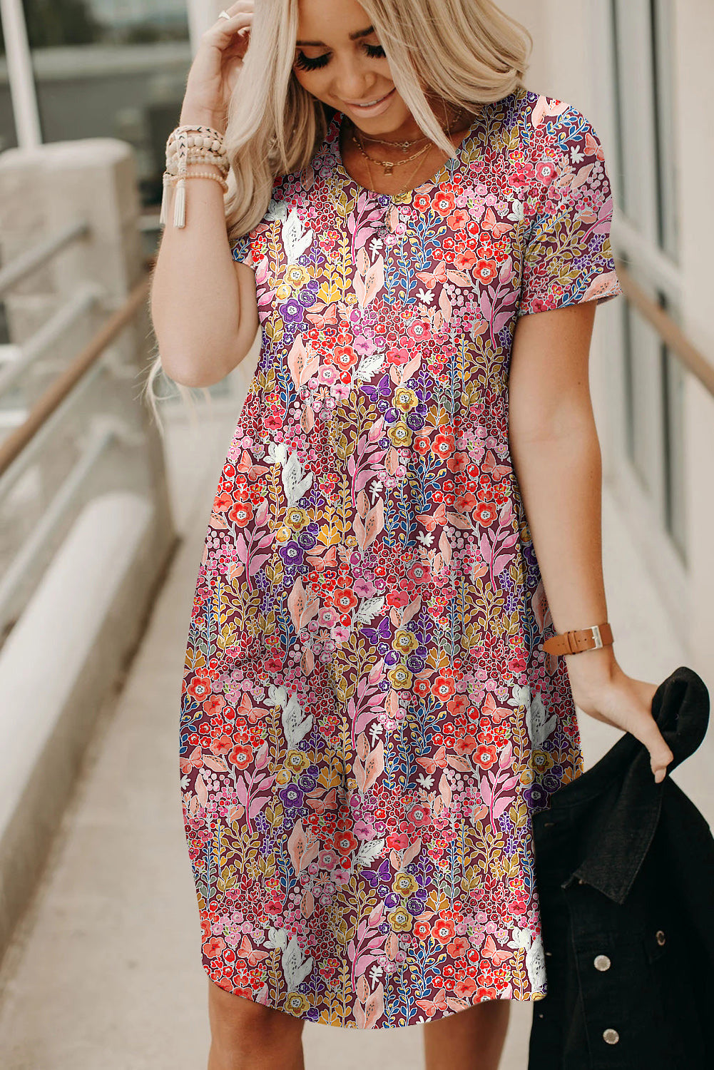 Red Foral Print Short Sleeve A-line High Waist Dress