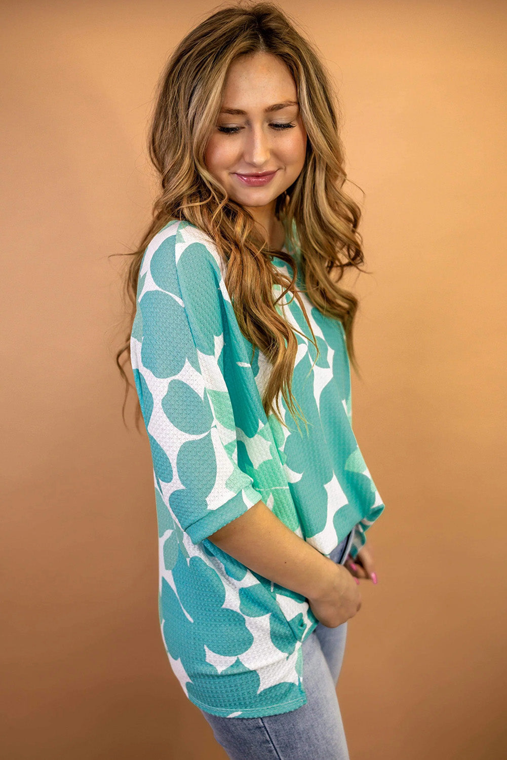 Mint Green Turquoise Waffle Floral Top