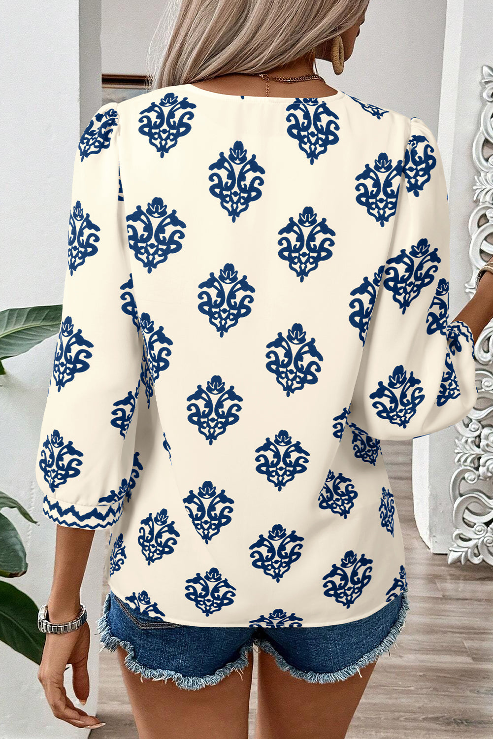 Green Damask Floral Print Contrast V Neck 3/4 Sleeve Blouse - Kustom Kreations Goods