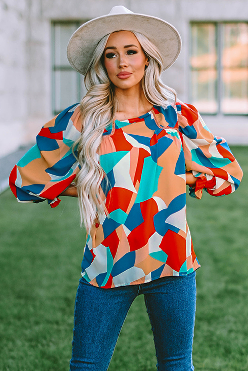 Multicolor Colorblock Casual Ruffle Puff Sleeve Blouse