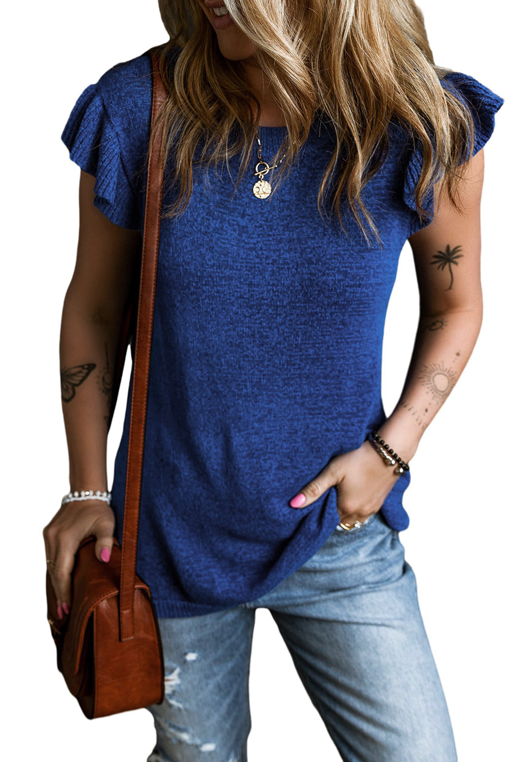 Dark Blue Solid Color Knitted Ruffle Sleeve Blouse