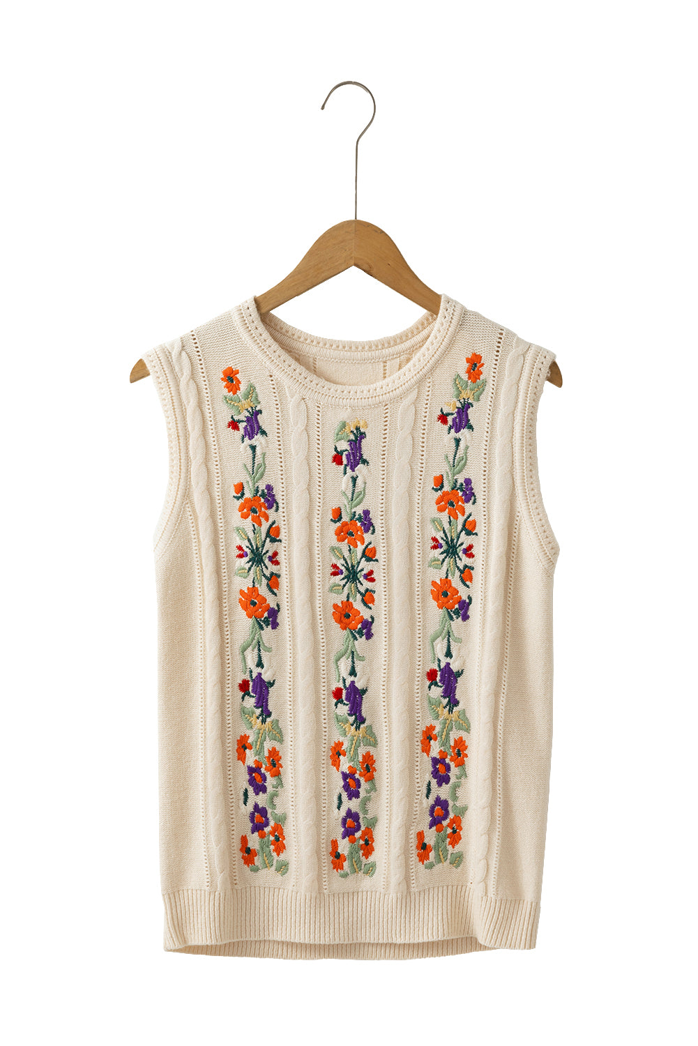 Jet Stream Embroidered Floral Cable Knit Vest Top