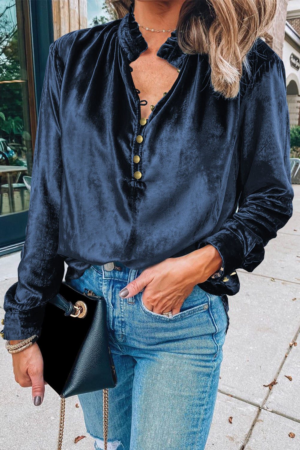 Black Frilled Neck Buttoned Front Velvet Top - Kustom Kreations Goods