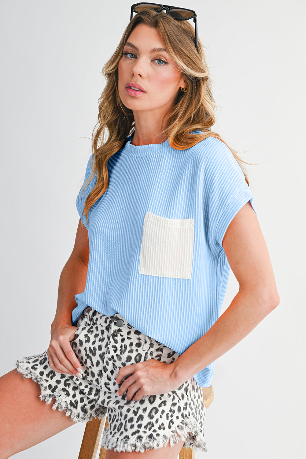 Dark Blue Corded Knit Color Block Pocketed Crew Neck T Shirt