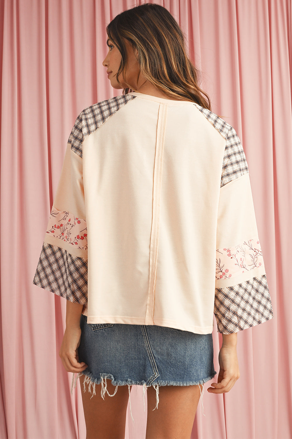 Beige Plaid Floral Patchwork Heart Long Sleeve Top - Kustom Kreations Goods
