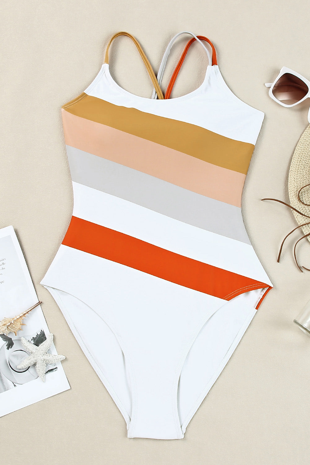 Multicolor Striped Criss Cross Backless One Piece Swimsuit