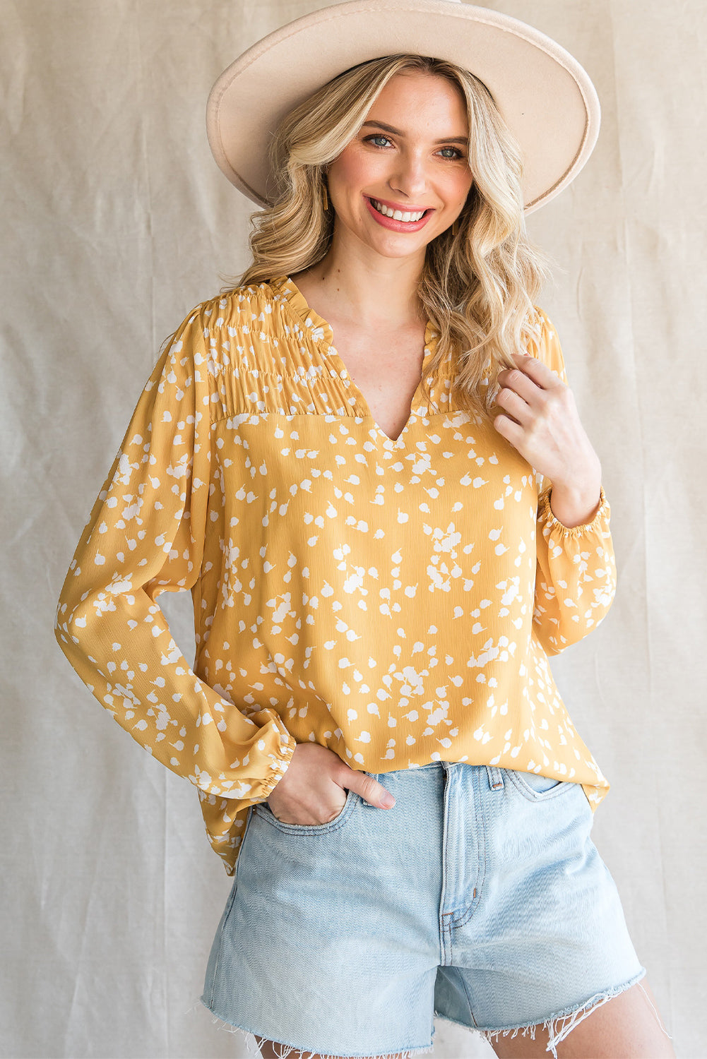 Yellow Frill Split V Neck Boho Crinkled Blouse