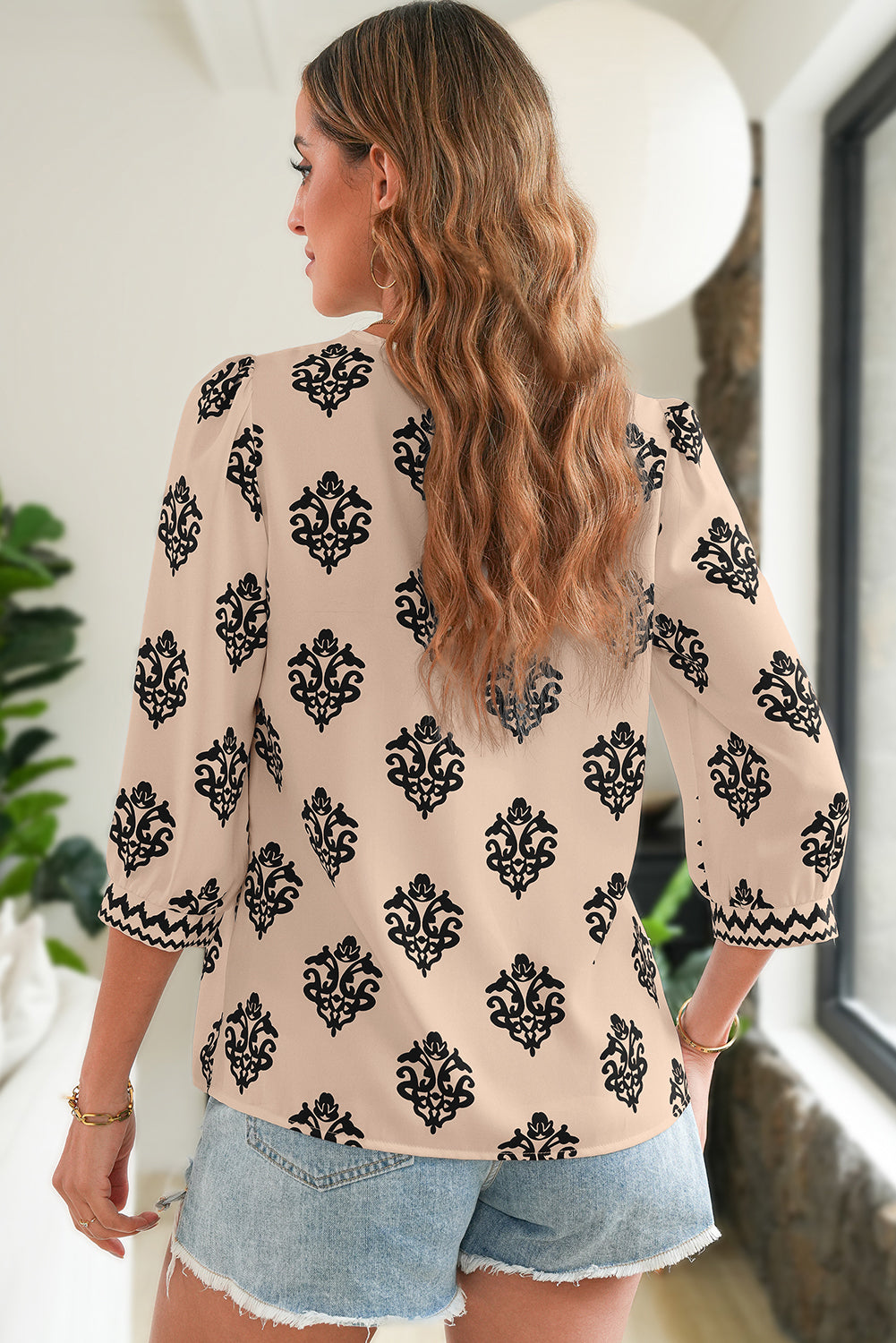 Green Damask Floral Print Contrast V Neck 3/4 Sleeve Blouse - Kustom Kreations Goods
