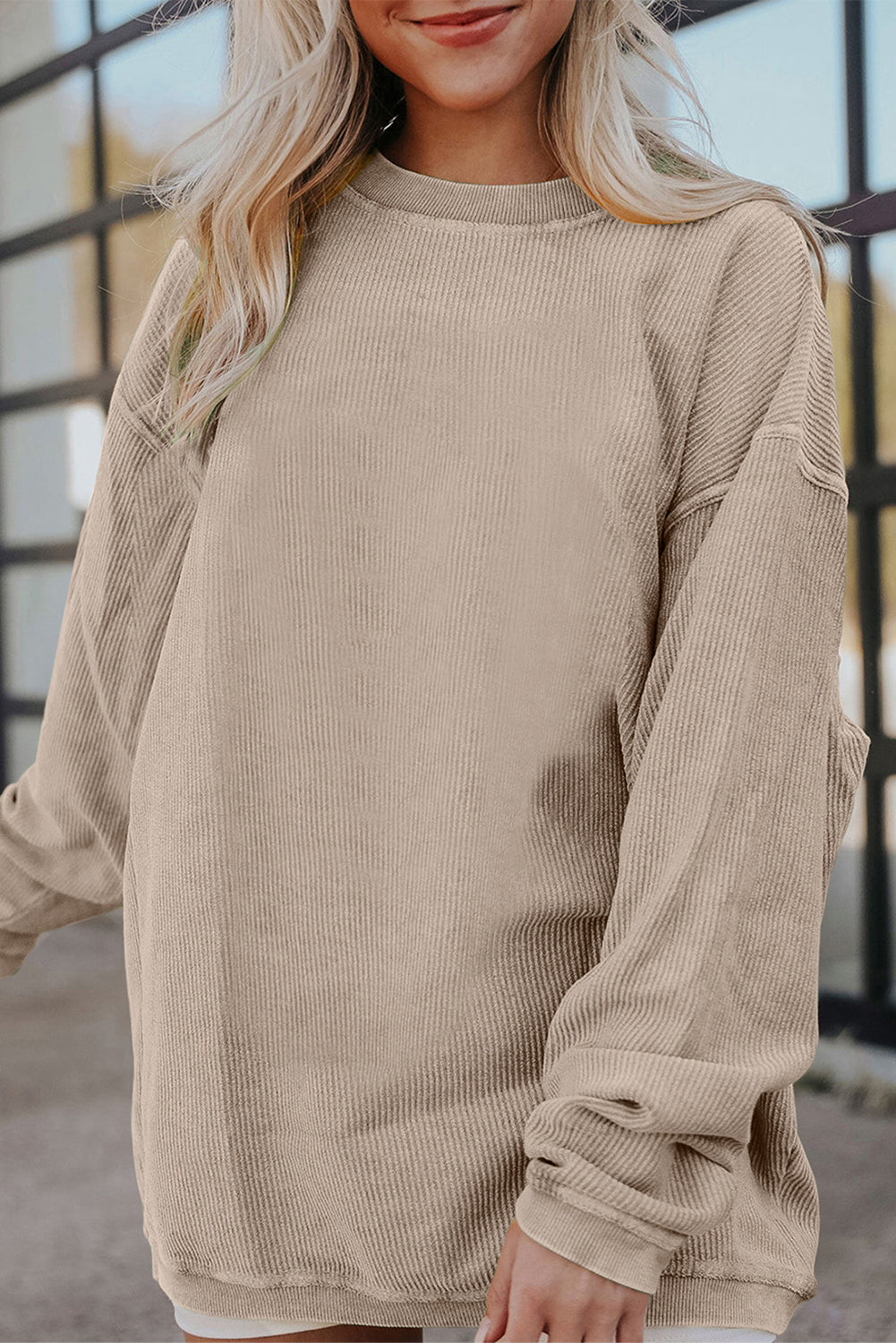 Orange Plain Drop Sleeve Rib-Knit Oversized Sweatshirt
