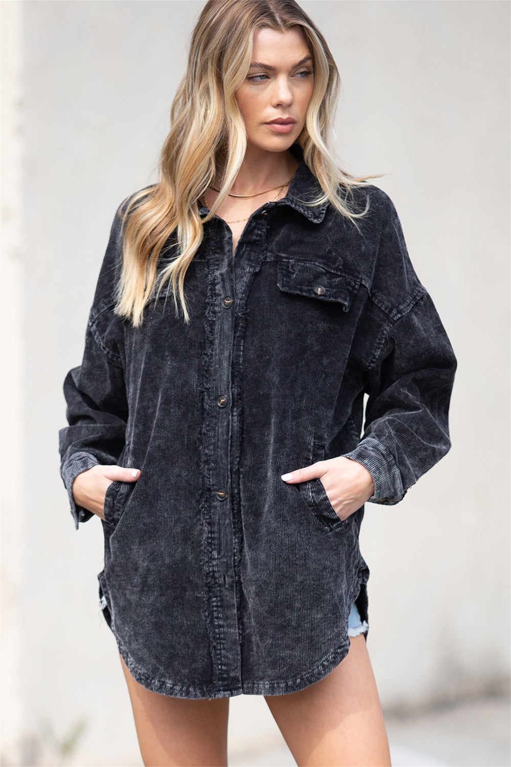 Gray Vintage Distressed Mineral Wash Oversized Shacket